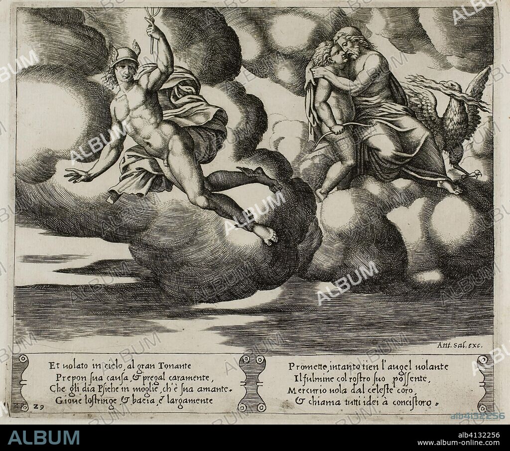 Cupid Begging Jupiter for Mercy for Psyche. Master of the Die (Italian, active c. 1530-1560); after Michiel Coxcie I (Flemish, 1499-1592); in turn, inspired by Raffaello Sanzio, called Raphael (Italian, 1483-1520). Date: 1530-1541. Dimensions: 200 x 235 mm (plate); 270 x 370 mm (sheet). Engraving in warm brown ink on cream laid paper. Origin: Italy.