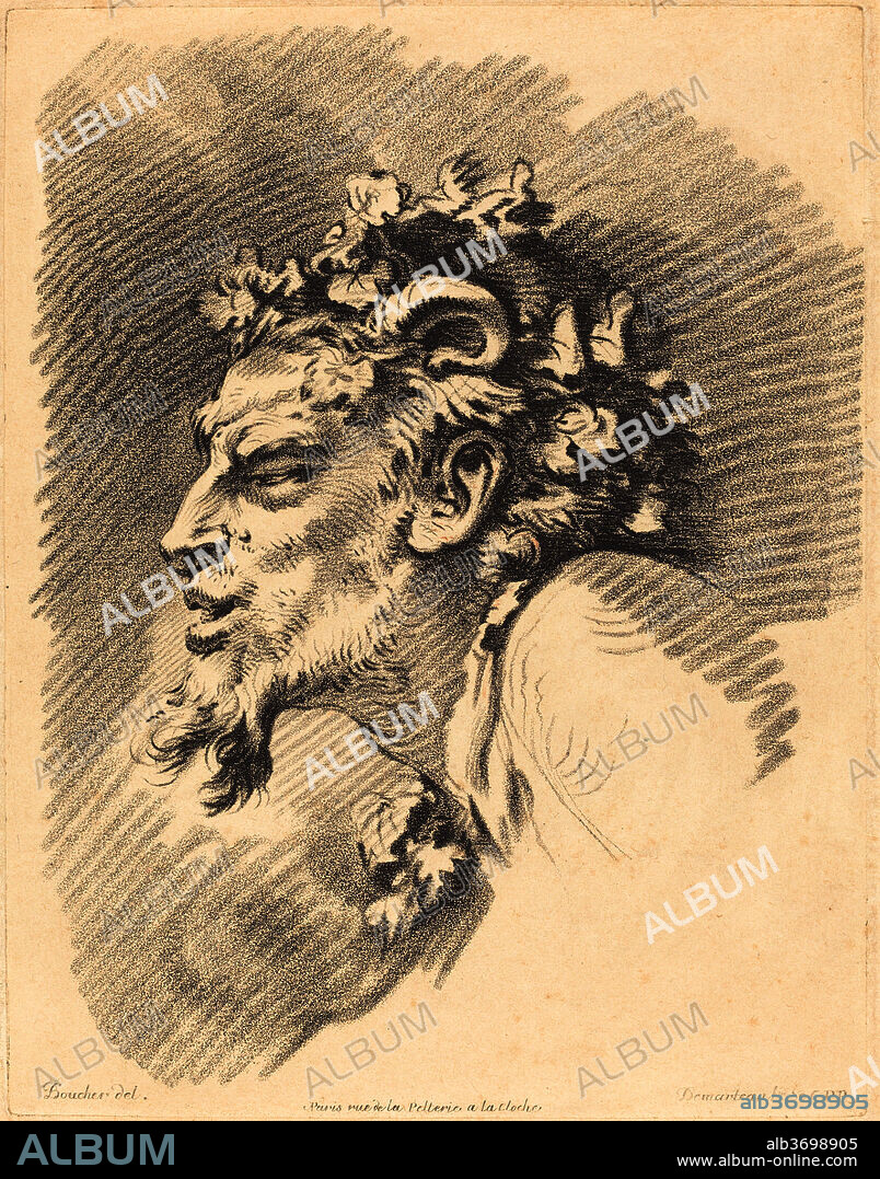 GILLES DEMARTEAU, THE ELDER AFTER FRANÇOIS BOUCHER. Head of a Faun. Dimensions: plate: 28.9 x 22.2 cm (11 3/8 x 8 3/4 in.)  sheet: 40 x 28.8 cm (15 3/4 x 11 5/16 in.). Medium: chalk manner printed in black on laid paper.