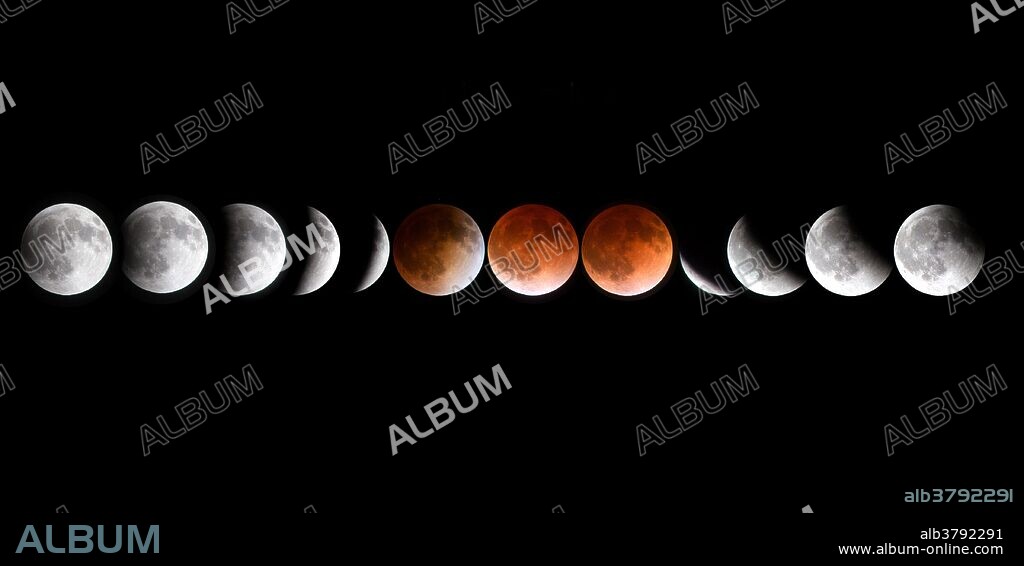 Set of images of the total lunar eclipse of April 15, 2014 was taken in Southern California. A lunar eclipse occurs when the Moon passes directly behind the Earth into its umbra (shadow). This can occur only when the Sun, Earth, and Moon are aligned exactly, or very closely so, with the Earth in the middle. Hence, a lunar eclipse can only occur the night of a full moon. The type and length of an eclipse depend upon the Moon's location relative to its orbital nodes. When the Moon travels completely into the Earth's umbra, one observes a total lunar eclipse.
