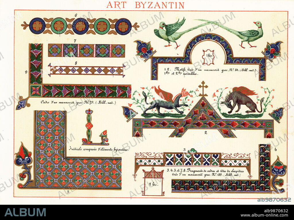 Initials, frames, motifs and chimera from Byzantine art, 10th century.. Taken from the illuminated Psalter of Paris, Constantinope, and an illuminated manuscript by Eusebius of Caesarea. 1,2 manuscrit grec 64 Eusebius Cæsariensis, Bib. Nat., 3-8 manuscrit grec 139 Psautier de Paris, manuscrit grec 79, initiale composee delements Byzantins. Chromolithograph designed and lithographed by Ernst Guillot from Elements dOrnementation pour lEnluminure (Elements of Ornamentation for Illumination), Renouard, Paris, 1890.