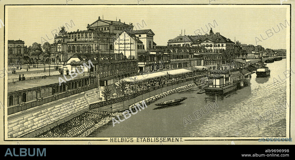 Europe, Germany, Saxony, Dresden, river Elbe, Helbigs Etablissement, lithography from the leporello Dresden , possibly published by the art publishing house Max Köhler , around 1890th ? .