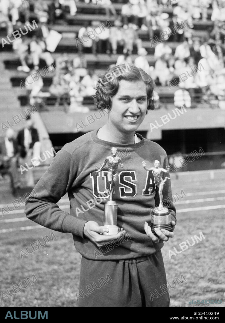 Helen Herring Stephens (February 3, 1918 - January 17, 1994) was an American athlete. Stephens, nicknamed the Fulton Flash, was a strong athlete in sprint events - she never lost a race in her entire career - and also in weight events such as the shot put and discus throw. She won national titles in both categories. When she was 18, Stephens participated in the 1936 Summer Olympics. She won the 100 meter final,  and anchored the American 4 x 100 meter relay team that won the Olympic title. She retired from athletics shortly after the games and played professional baseball and softball. From 1938-1952, she was the first woman to own and manage a semi-professional basketball team. She was employed for many years in the Research Division of the U.S. Aeronautical Chart and Information Service. In 1993, she was inducted into the National Women's Hall of Fame. She died in 1994 at the age of 75. Harris & Ewing, September 12, 1936.