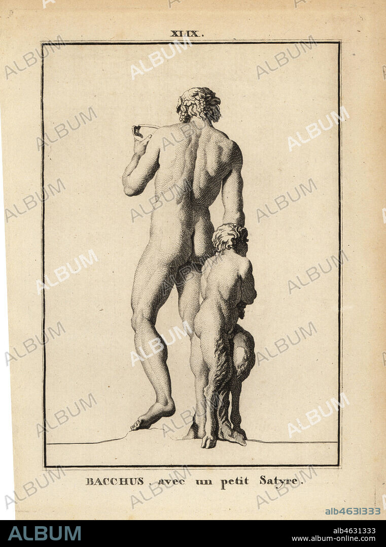 Statue of Bacchus, the Roman god of wine, naked with a satyr. Copperplate engraving by Francois-Anne David from Museum de Florence, ou Collection des Pierres Gravees, Statues, Medailles, Chez F.A. David, Paris, 1787. David (1741-1824) drew and engraved the illustrations based on Roman statues, engraved stones and medals in the collection of the Museum de Florence and the cabinet of curiosities of the Grand Duke of Tuscany.