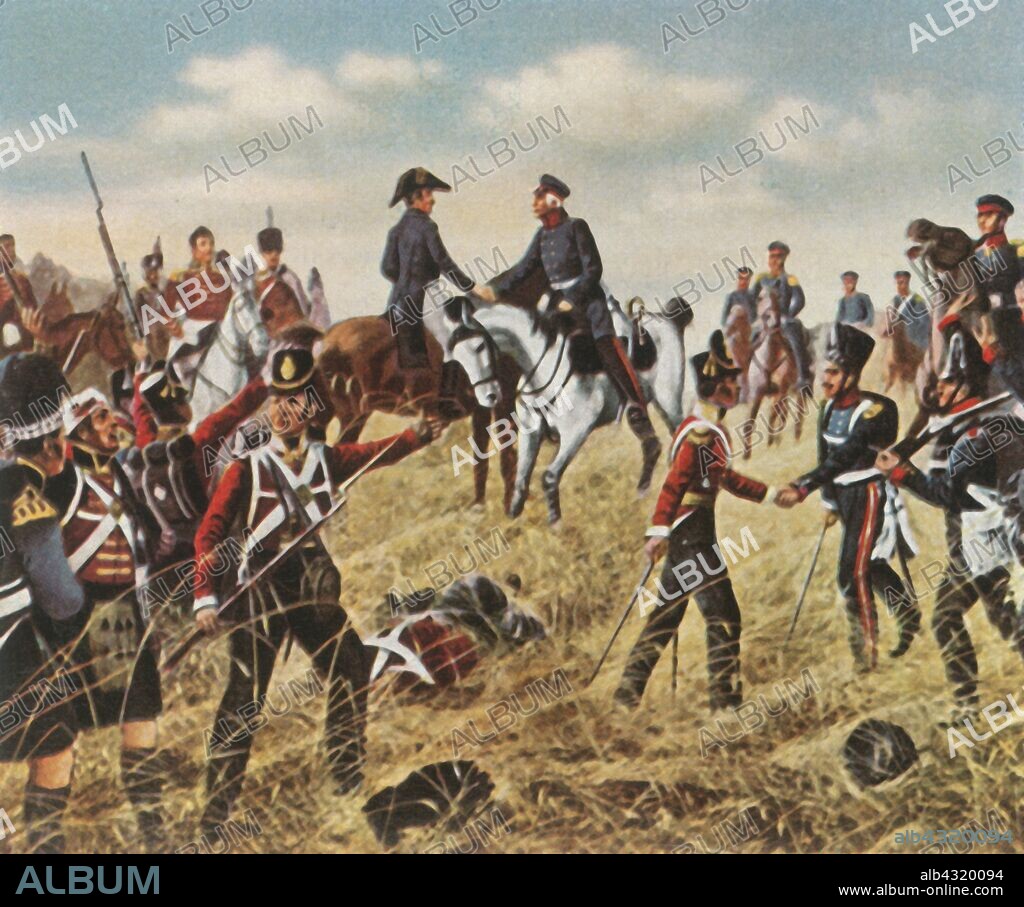Meeting of Wellington and Blücher at Waterloo, (Belle-Alliance), 18 June 1815, (1936). 'Begungung Wellingtons Mit Blücher Bei Waterloo (Belle-Alliance) 18 Juni 1815'. The Battle of Waterloo (in Belgium), in which the French under Emperor Napoleon I were defeated by the British under the Duke of Wellington (1769-1852) and the Prussians led by field marshal Gebhard Leberecht von Blücher (1742-1819), marked the end of France's domination in Europe. Belle Alliance is French for 'beautiful alliance'. From "Bilder Deutscher Geschichte", (Pictures of German History), No.12, cigarette card album. [Cigaretten-Bilderdienst, Altona-Bahrenfeld, Hamburg, Germany, 1936].