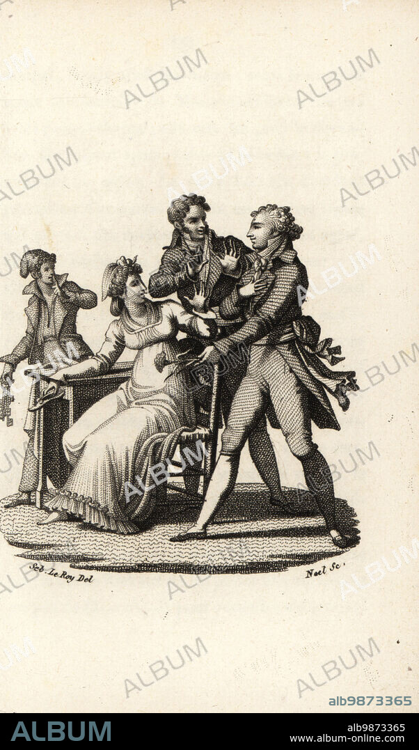 Alexandre Gonsse de Rougeville presents a carnation to Marie Antoinette in front of her warder Jean-Baptiste Michonis. The carnation held a note with a plot to free her from the Conciergerie gaol. Stipple copperplate engraving by Noel after an illustration by Sebastien Leroy from Marie Antoinette, Archiduchesse d'Autriche, Reine de France, chez le Fuel, Paris, 1815.
