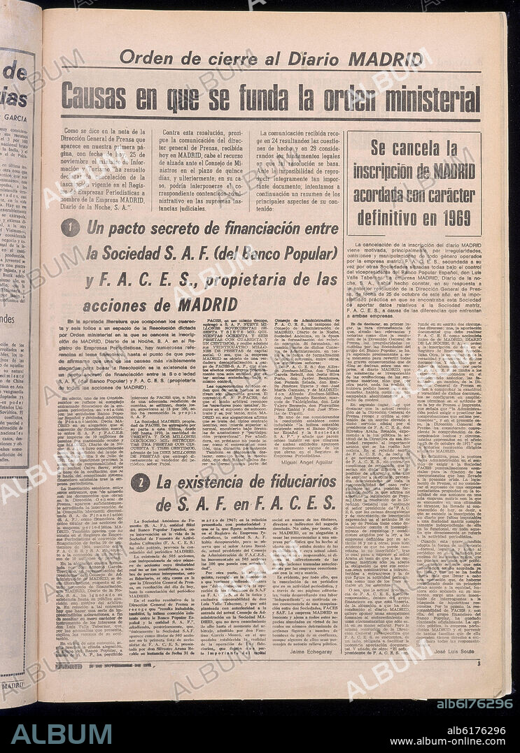PAGINA 3 DEL DIARIO MADRID CON EL ORDEN DE CIERRE DECRETADO POR EL GOBIERNO- 25/11/1971.
