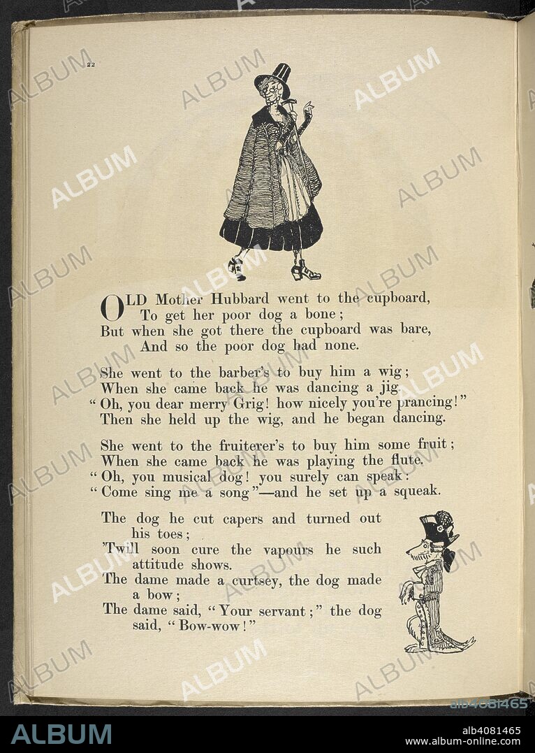 CLAUD LOVAT FRASER. 'Old mother Hubbard went to the cupboard, ...'. Nursery Rhymes, with pictures by C. L. Fraser. London : T. C. & E. C. Jack, [1919]. Source: 12800.ddd.31 page 22.