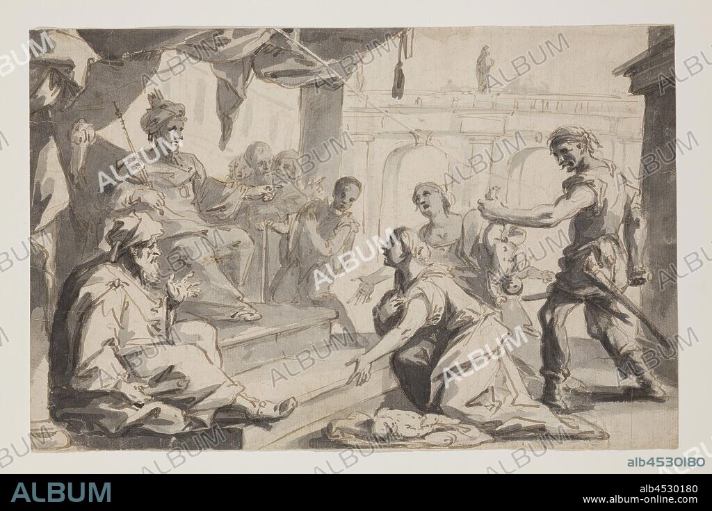 Giovanni Battista Marcola, Italian, 1711-1780, Judgment of Solomon, between 1711 and 1780, pen and brown ink and gray wash over a preliminary drawing in graphite on buff antique laid paper, Sheet: 7 7/8 × 12 1/16 inches (20 × 30.6 cm).