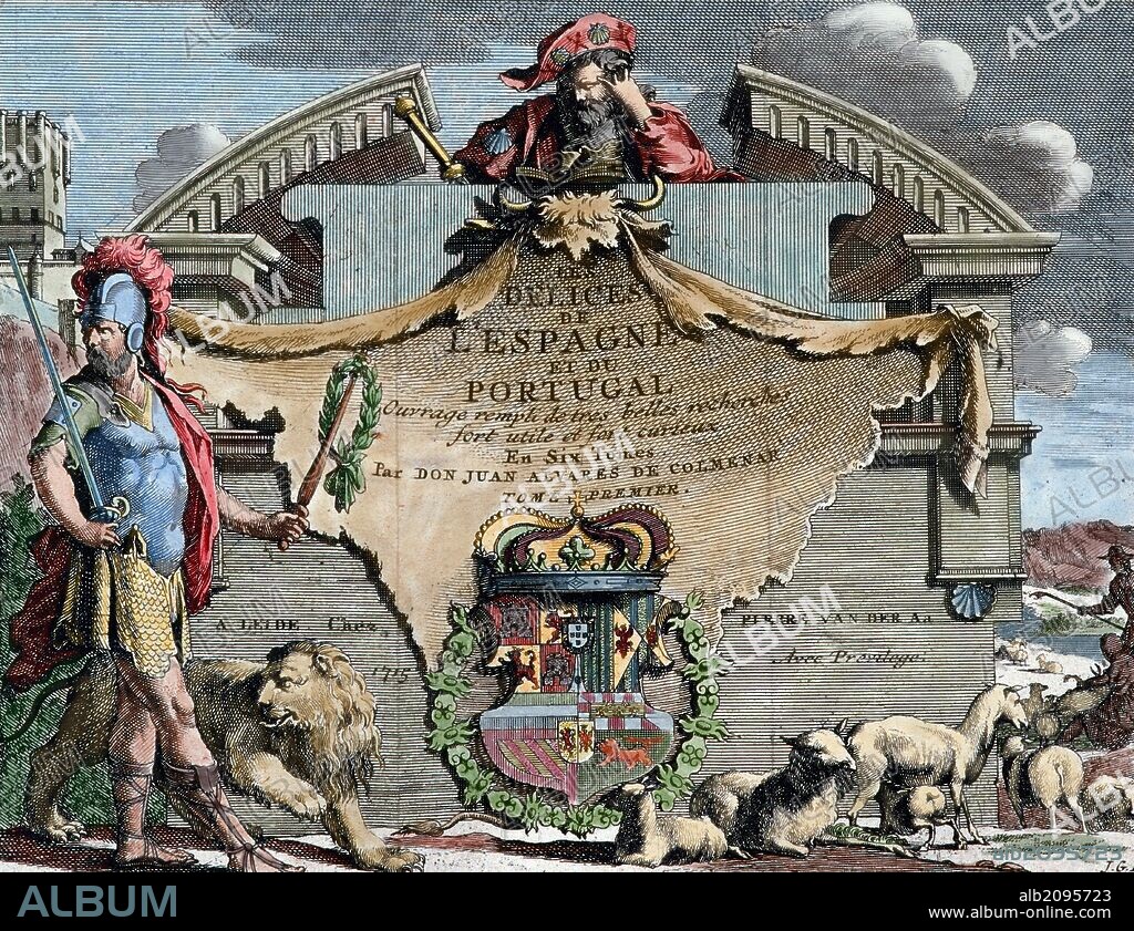 COLMENAR, Juan Alvarez de (siglo XVIII). "LES DELICES DE L'ESPAGNE ET PORTUGAL", publicada en holandés por Pierre Van der A. en Leiden en 1707. Ese mismo año apareció la edición francesa de esa obra, que volvería a editarse, también en francés en 1715 y en 1741. En todas las versiones francesas aparece como autor Juan Álvarez de Colmenar, tal vez el seudónimo del verdadero autor, probablemente de origen francés. Grabado coloreado.