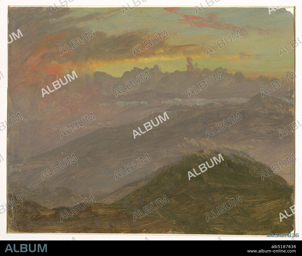 Cloud Study, Jamaica, Frederic Edwin Church, American, 18261900, Brush and oil paint, graphite on cardboard, Sky with clouds over mountain ranges at sunset., USA, 1865, landscapes, Drawing, Drawing.