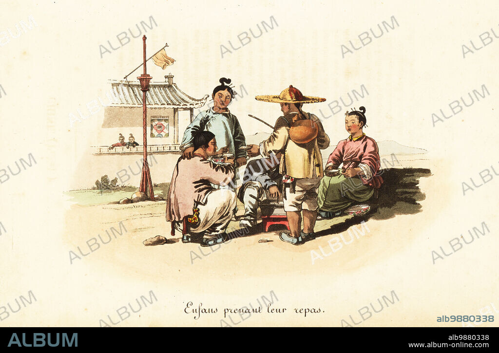 Chinese peasant children eating a meal, 18th century. They cook on a iron pan over a clay stove, and eat bowls of rice with chopsticks. Enfans prenant leur repas. Handcoloured copperplate engraving after an illustration by William Alexander from J-B. Eyries La Chine: Costumes, Moeurs et Usages des Chinois, China: Costumes, Manners and Mores of the Chinese, Librairie de Gide Fils, Paris, 1822. Jean-Baptiste Eyries (1767-1846) was a French geographer, author and translator.