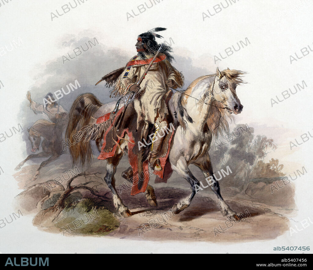 The Blackfoot Confederacy is a historic collective name for the four bands that make up the Blackfoot or Blackfeet people. They were nomadic bison hunters and trout fishermen who ranged across large areas of the northern Great Plains of western North America. They followed the bison herds as they migrated between what are now the United States and Canada, as far north as the Bow River. In the first half of the 18th century, they acquired horses and firearms from white traders and their Cree and Assiniboine go-betweens. The Blackfoot used these to expand their territory at the expense of neighbouring tribes. By riding horses and using them to transport goods, the Blackfoot and other Plains tribes could extend the range of their buffalo hunts. Voyage dans l'interieur de l'Amerique du Nord, execute pendant les annees 1832-34. Karl Bodmer (February 11, 1809, October 30, 1893) was a Swiss printmaker, lithographer, painter, illustrator and hunter.