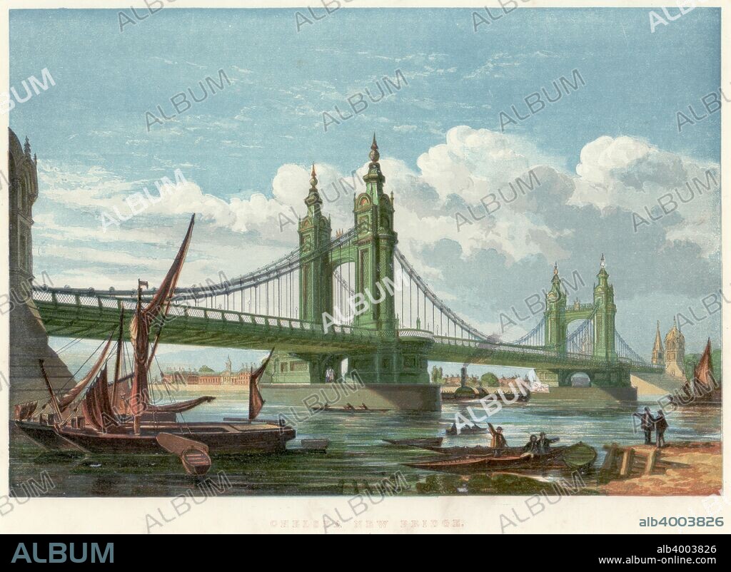 Chelsea Bridge, London, 1858. Thomas Page (1803-1877) was the engineer of this suspension bridge over the Thames, which opened in 1858, connecting Chelsea with Battersea on the south bank of the river. The cost of construction was £83,319.  When first opened it was a toll bridge, free for foot traffic on Sundays and Bank Holidays. In 1879 tolls were abolished. The bridge was replaced in the 1930s. From The Illustrated London News. (London, September 1858).