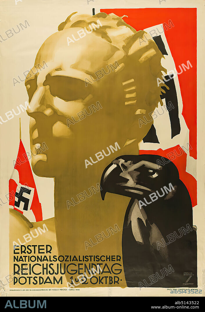 Ludwig Hohlwein, Hermann Sonntag & Co, First National Socialist Reich Youth Day, paper, offset lithography, total: height: 120 cm; width: 83.2 cm, signed: recto u. r. in print: LUDWIG HOHLWEIN, MUNICH, inscribed: below: PUBLISHED BY THE REICHSJUGENDFÜHführung der N.S.D.A.P.-MÜNCHEN BRAUNES HAUS und PRINT: HERM.SONNTAG & CO, MUNICH, event posters, propaganda posters, political propaganda, political parties.