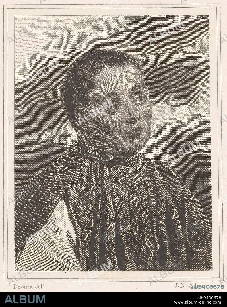 Portrait of Bertrand du Guesclin, Jean Nicolas Adam, after Achille Devéria, 1810 - 1840, print maker: Jean Nicolas Adam, (mentioned on object), intermediary draughtsman: Achille Devéria, (mentioned on object), France, 1810 - 1840, paper, etching, engraving, h 220 mm - w 147 mm.