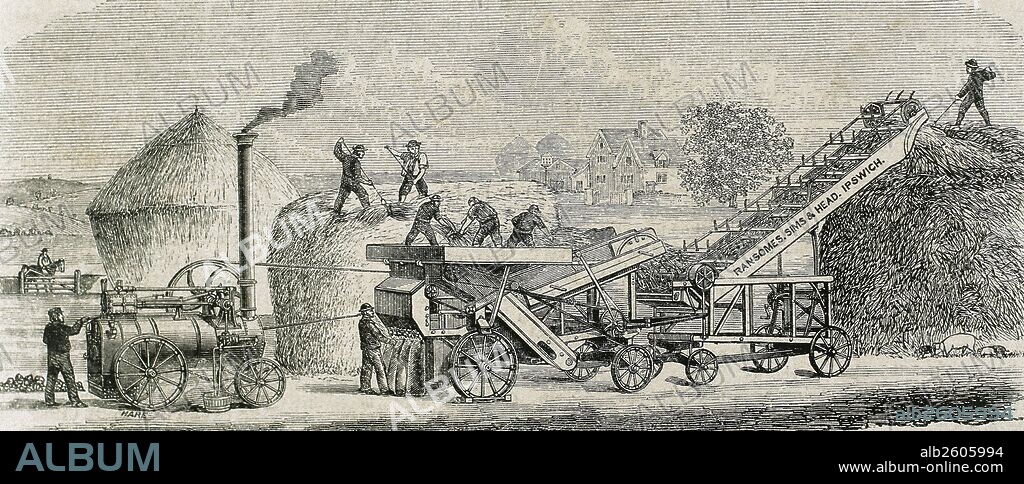 Threshing machine with steam. Industrial Revolution. Engraving. 19th c.