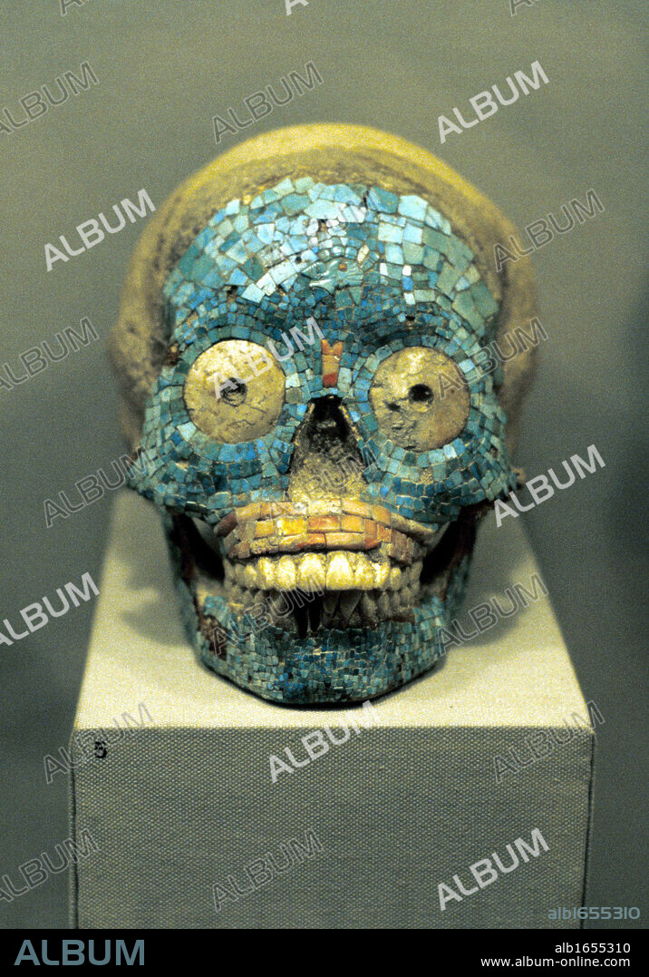 Skull covered in turquoise mosaic. Mixtec 1400-152l, southern Mexico. Pre-Columbian.