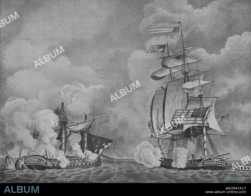 'The Constitution and the Guerriere', c1813. On the 19 August 1812, the American heavy frigate USS 'Constitution' engaged with the British frigate HMS 'Guerriere'. The British vessel was severely damaged in the battle and surrendered to the Americans. Too badly damaged to be taken in, the 'Guerriere' was set on fire and sank. From Old Naval Prints, by Charles N. Robinson & Geoffrey Holme. [The Studio Limited, London, 1924].