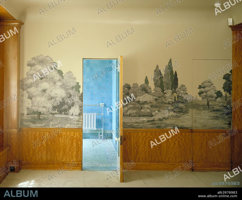 Stephen Courtauld's bedroom and entrance to the en suite bathroom at Eltham Palace, Greenwich, London, 1999. In origin, Eltham was a royal palace, but by the early 20th century it was partly ruined. In the 1930s the Courtauld family used the architects Seely & Paget to restore and extend the historic buildings to create a family home. It has recently been refurnished in 1930s style.