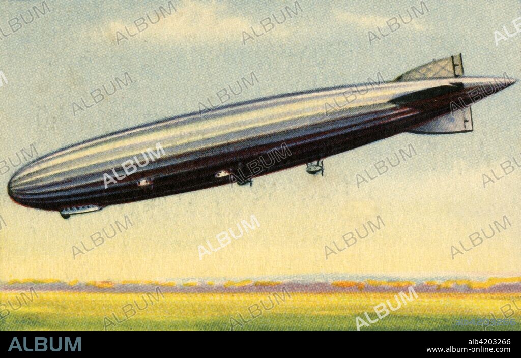 USS Los Angeles airship, 1920s, (1932). The Los Angeles, (Zeppelin works number LZ 126), was built for the US military as part of reparations that Germany was compelled to pay after World War I. It was flown from Friedrichshafen to Lakehurst, New Jersey, USA, taking 81 hours and 2 minutes. She remained in service until being dismantled in 1940. From "Die Eroberung Der Luft", (The Conquest of the Air), cigarette card album produced by the Garbáty cigarette factory, 1932. Eugene and Moritz Garbáty, who were Jewish, were driven out of business by the Nazis in the late 1930s, and forced to sell their factory which lay empty for over 70 years. [Garbaty Cigarettenfabrik, Berlin-Pankow, 1932].