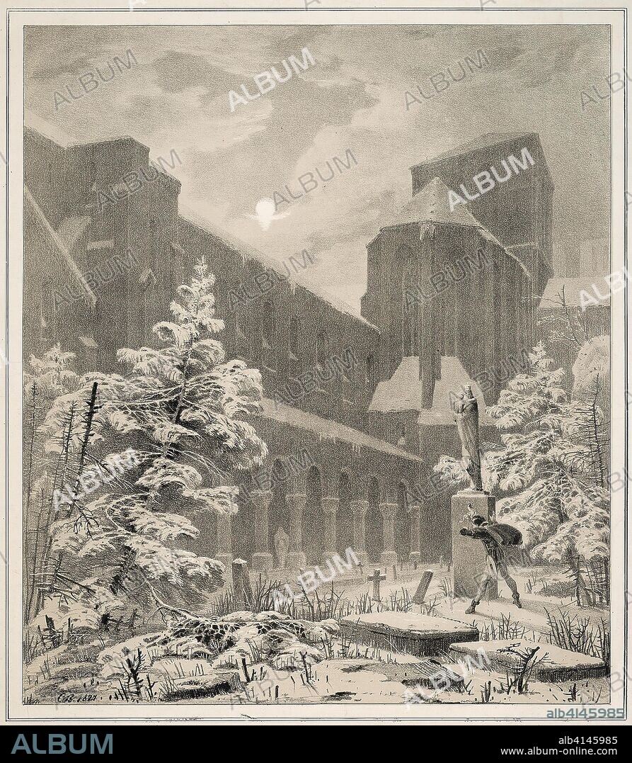Church and Graveyard in the Snow by Moonlight. Carl Blechen; German, 1798-1840. Date: 1827. Dimensions: 414 x 359 mm (image); 434 x 378 mm (plate); 559 x 450 mm (sheet). Lithograph, with gray tone block on cream wove paper. Origin: Germany.