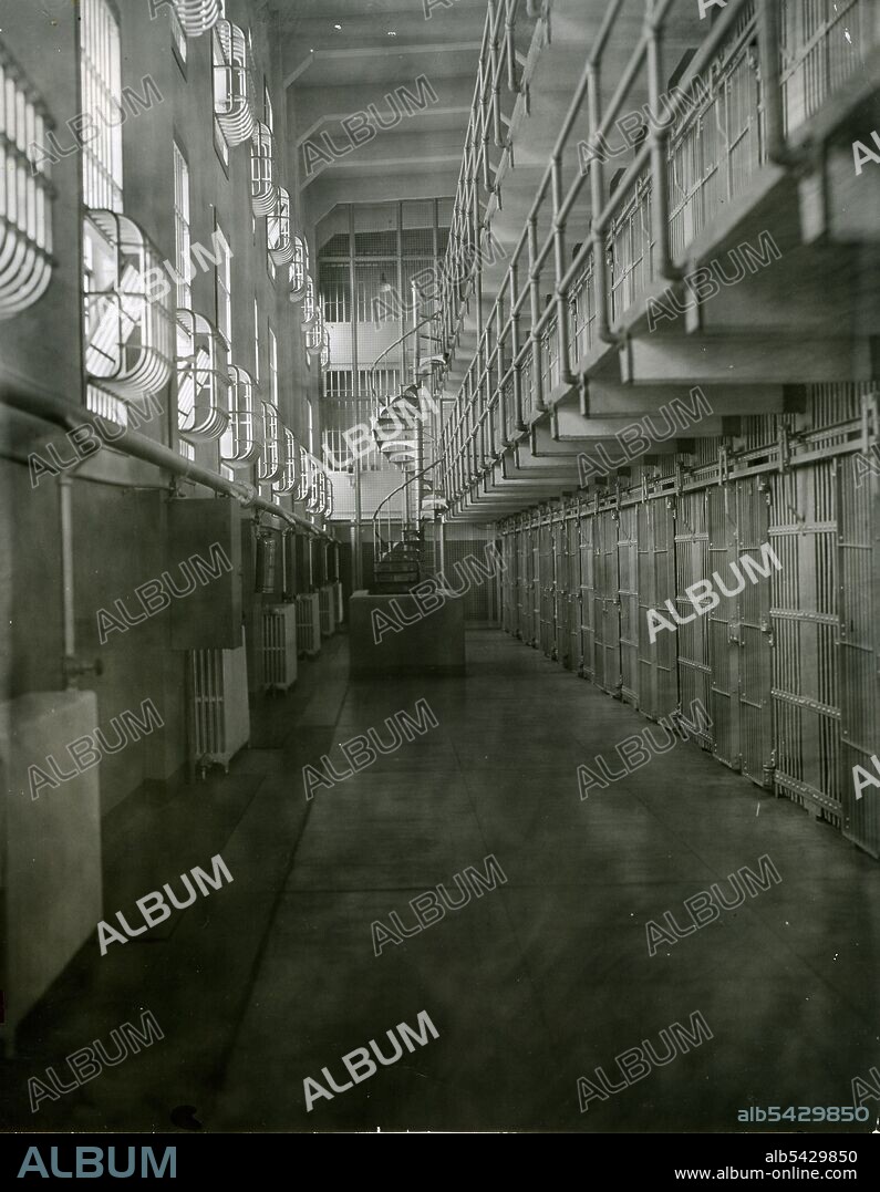 Corridor of Cell Block 'A' in Alcatraz Prison, San Francisco, CA, circa 1955.