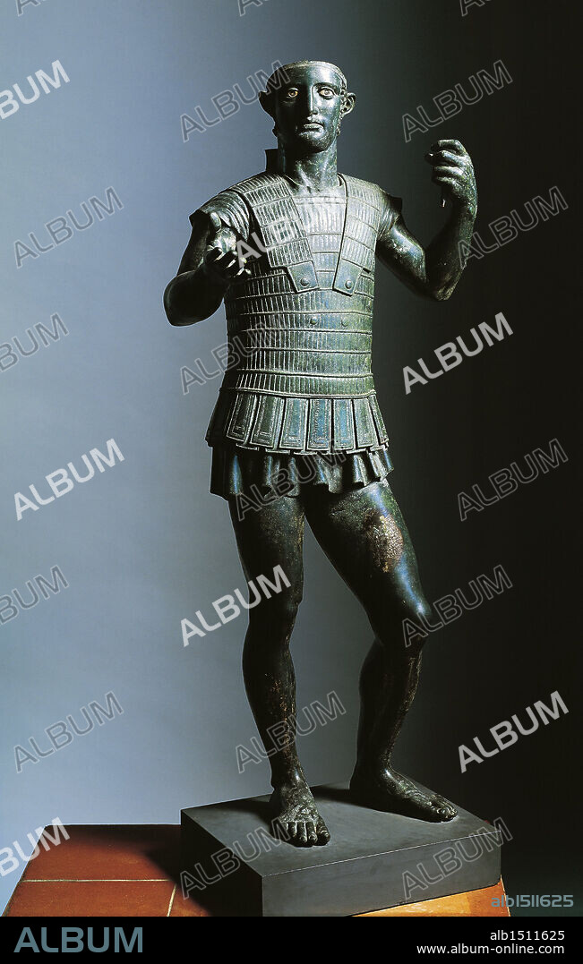 Etruscan civilization, 5th century b.C. Bronze statue of warrior known as Mars of Todi, height 141 cm. From Todi, Perugia province, Italy.