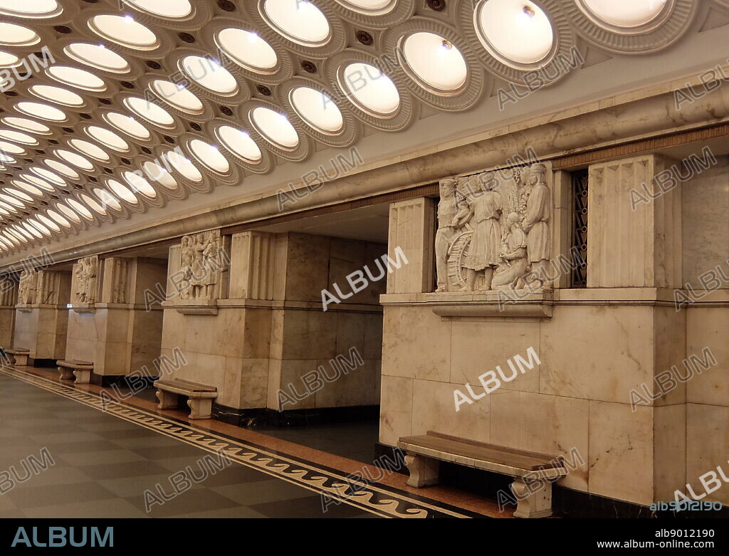 Elektrozavodskaya, Moscow Metro station on the Arbatsko-Pokrovskaya Line. Built as part of the third stage of the Moscow Metro and opened on 15 May 1944 during World War II, the station is one of the iconic symbols of the Soviet era transport system. The station's legacy was that it serves as a bridge between the pre-war Art Deco-influenced Stalinist architecture.