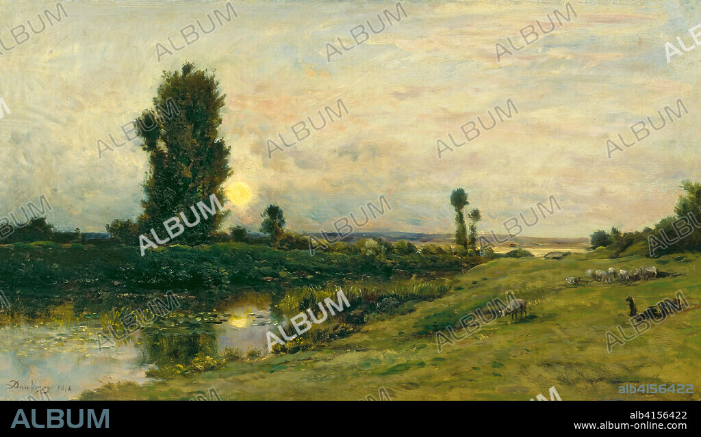 CHARLES-FRANÇOIS DAUBIGNY. Charles-François Daubigny (París, 1817-1878). Salida de la luna en las riberas del río Oise (1874). Óleo sobre tabla. 38,5 x 67,2 cm.