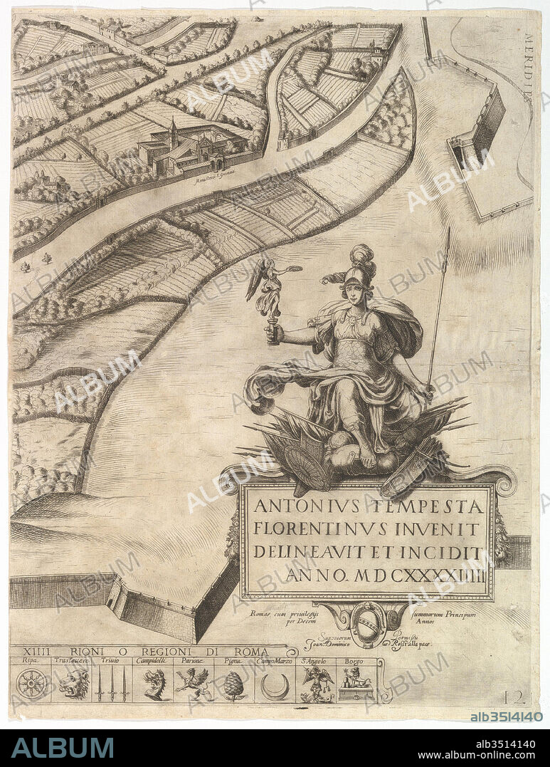 Plan of the City of Rome. Part 12 with the Southwestern Border of the City and a Large Cartouche with Signature by Tempesta., 1645, Etching with some engraving, undescribed state., Sheet: 21 13/16 x 16 1/16 in. (55.4 x 40.8 cm), Prints, Antonio Tempesta (Italian, Florence 1555–1630 Rome), Part 12 with the southwestern border of the city. Below it is a large cartouche with the signature of Tempesta. In the lower margin the symbols for the boroughs of Rome are identified: Ripa; Trastevere; Trevi; Campitello; Parione; Pignia; Campo di Marzo; Sant' Angelo and Borgo.
