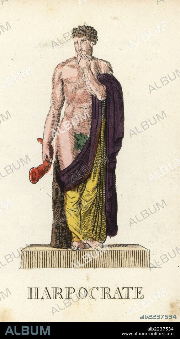 Harpocrates, Greek and Roman god of silence, with finger to his lips, holding horn and wearing a figleaf. Handcoloured copperplate engraving engraved by Jacques Louis Constant Lacerf after illustrations by Leonard Defraine from "La Mythologie en Estampes" (Mythology in Prints, or Figures of Fabled Gods), Chez P. Blanchard, Paris, c.1820.
