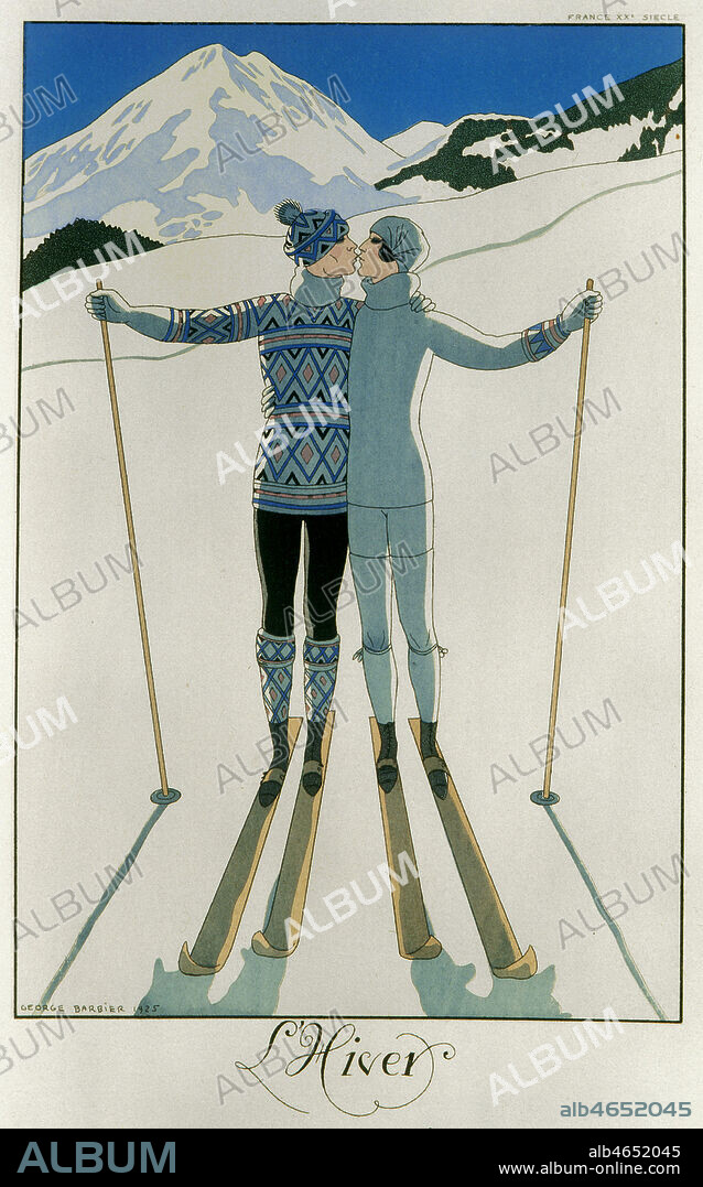 'L'Hiver' Couple en ski s'embrassant dans la neige. Illustration de Georges BARBIER pour un Almanach de 1926 pour une serie sur les saisons. Credit Collection Kharbine Tapabor.