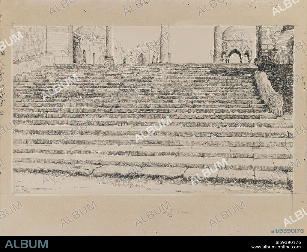 Staircase of the Court, Haram, The Life of Our Lord Jesus Christ, La Vie de Notre-Seigneur Jésus-Christ, James Tissot, French, 1836-1902, Ink and graphite on paperboard, 1886-1887 or 1889, Image: 6 1/16 x 10 1/8 in., 15.4 x 25.7 cm.