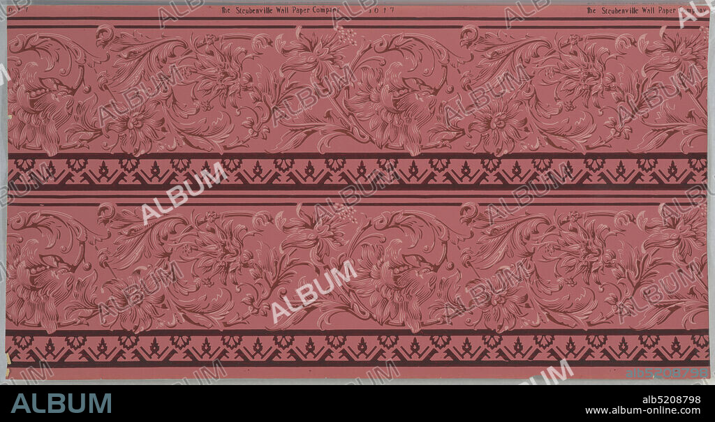Frieze, Steubenville Wallpaper Company, The, 1905, Machine-printed paper, Borders printed two across. Undulate band of scrolling foliage with flowers. Top band of stylized brattishing and pendants. Printed on light red ground in dark maroon, red and light pink. Printed in selvedge: 'The Steubenville Wall Paper Company' pattern number '1017', Steubenville, Ohio, USA, 19051915, Wallcoverings, Frieze.