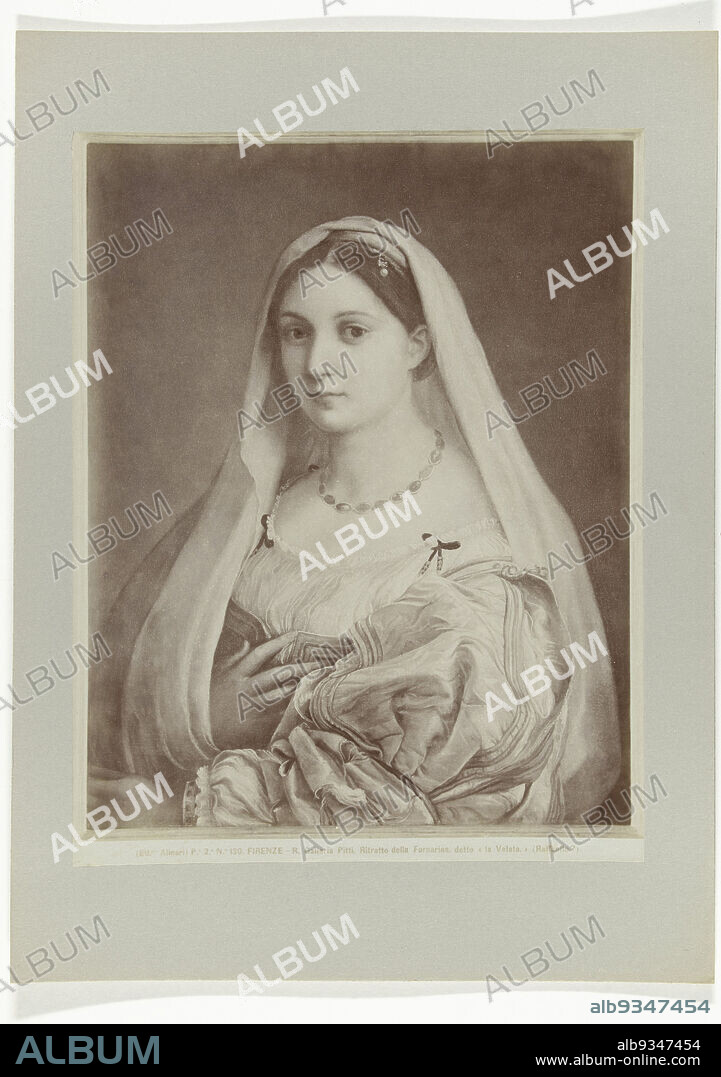 La donna velata, La Velata (title on object), P.e 2.a N.o 130. FIRENZE - R. Galleria Pitti. Ritratto della Fornarina. detto < la Veleta. > (Raffaello?). (title on object), Painting with a portrait of a young woman with veil, made by Raphael, Fratelli Alinari (mentioned on object), publisher: Fratelli Alinari (mentioned on object), Florence, c. 1880 - c. 1895, paper, albumen print, height 253 mm × width 197 mmheight 327 mm × width 241 mm.