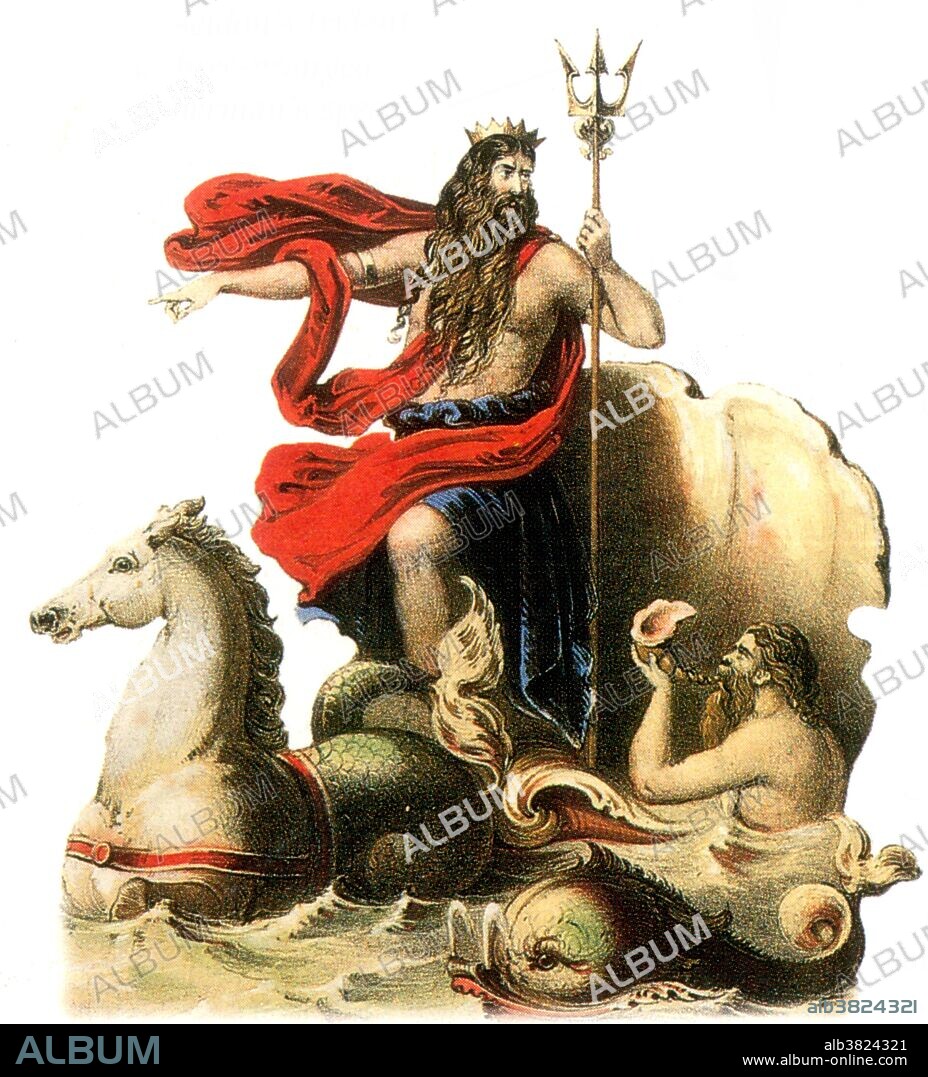 Poseidon is one of the twelve Olympian deities of the pantheon in Greek mythology. His main domain is the ocean, and he is called the God of the Sea. Additionally, he is referred to as Earth-Shaker due to his role in causing earthquakes, and has been called the tamer of horses. He is usually depicted as an older male with curly hair and beard. Poseidon was a son of Cronus and Rhea. In most accounts he is swallowed by Cronus at birth but later saved, with his other brothers and sisters, by Zeus. According to the Iliad, when the world was divided by lot in three, Zeus received the sky, Hades the underworld and Poseidon the sea. A hippocampus is a sea horse with two forefeet, and a body ending in the tail of a dolphin or fish. Poseidon's Roman counterpart is Neptune. Undated with no artist information.