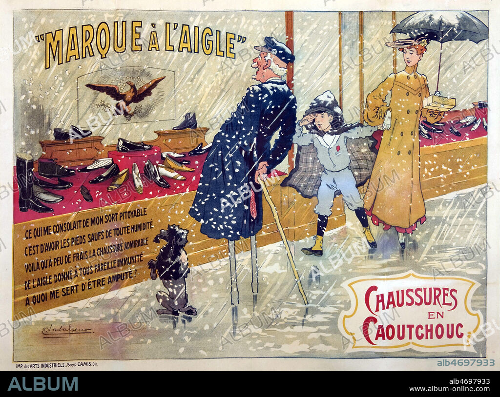 'Marque A l'Aigle, chaussures en caoutchouc'. Un homme ampute des deux jambes regarde avec envie une vitrine de chaussure. Affiche publicitaire vers 1900. Illustration par E. VAVASSEUR (1863-1949) Credit : IM/KHARBINE-TAPABOR.