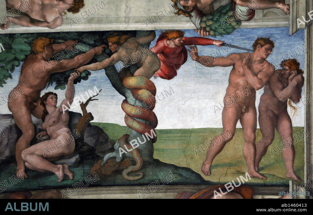 Michelangelo (Michelangelo Buonarroti) (1475-1564). Italian artist. The Original Sin and The Expulsion from Paradise. Fresco. 1508-1512. Sistine Chapel. Vatican Museums. Vatican City.