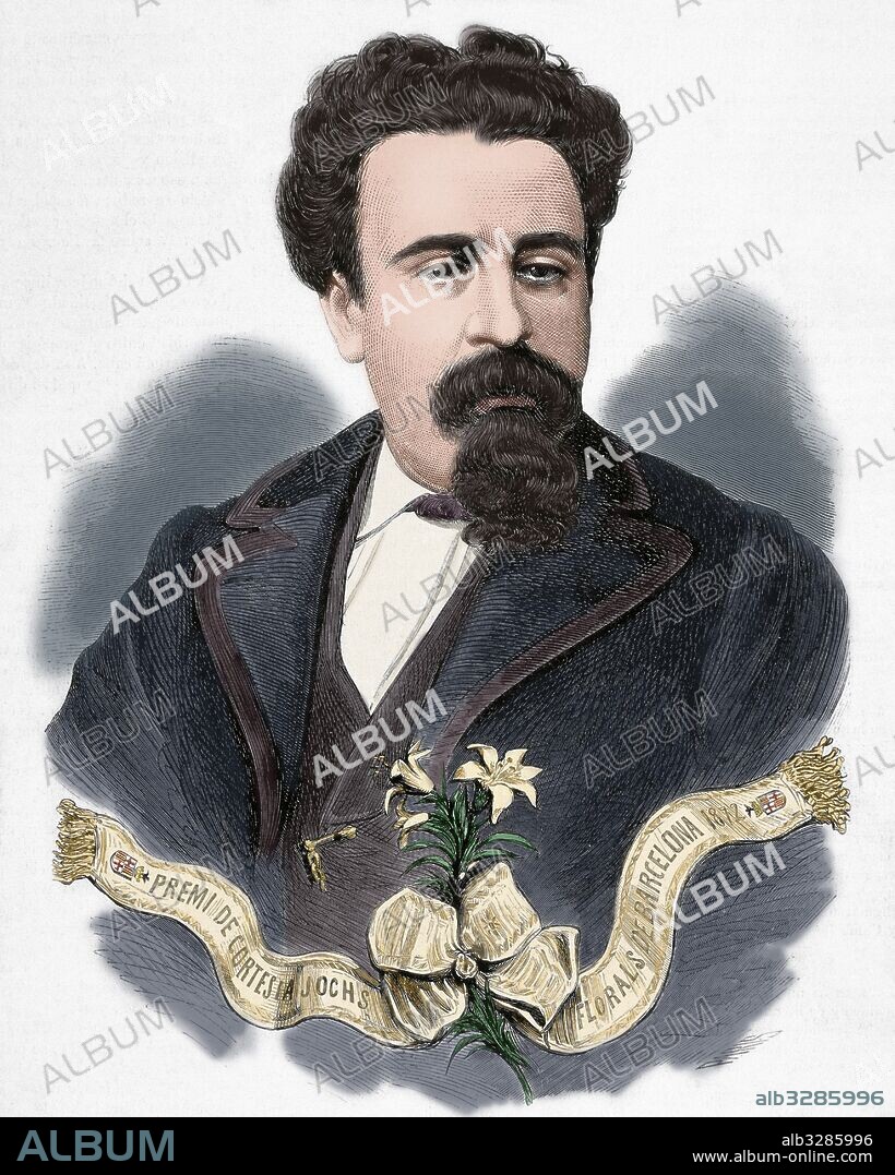 SOLER I HUBERT, Federico, (Barcelona, 1839-Barcelona, 1895), conocido con el pseudónimo de SERAFI PITARRA. Dramaturgo español en lengua catalana. Considerado como el fundador del Teatro Catalán Moderno. La Ilustración Española y Americana, 1872. Grabado por Paris. Coloreado.