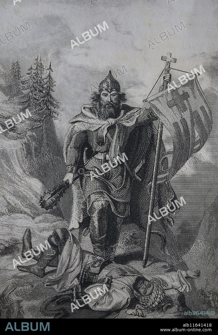 Otger Catalo. Personage of legend, conqueror of Catalonia. 8th century. Engraving, 1863.