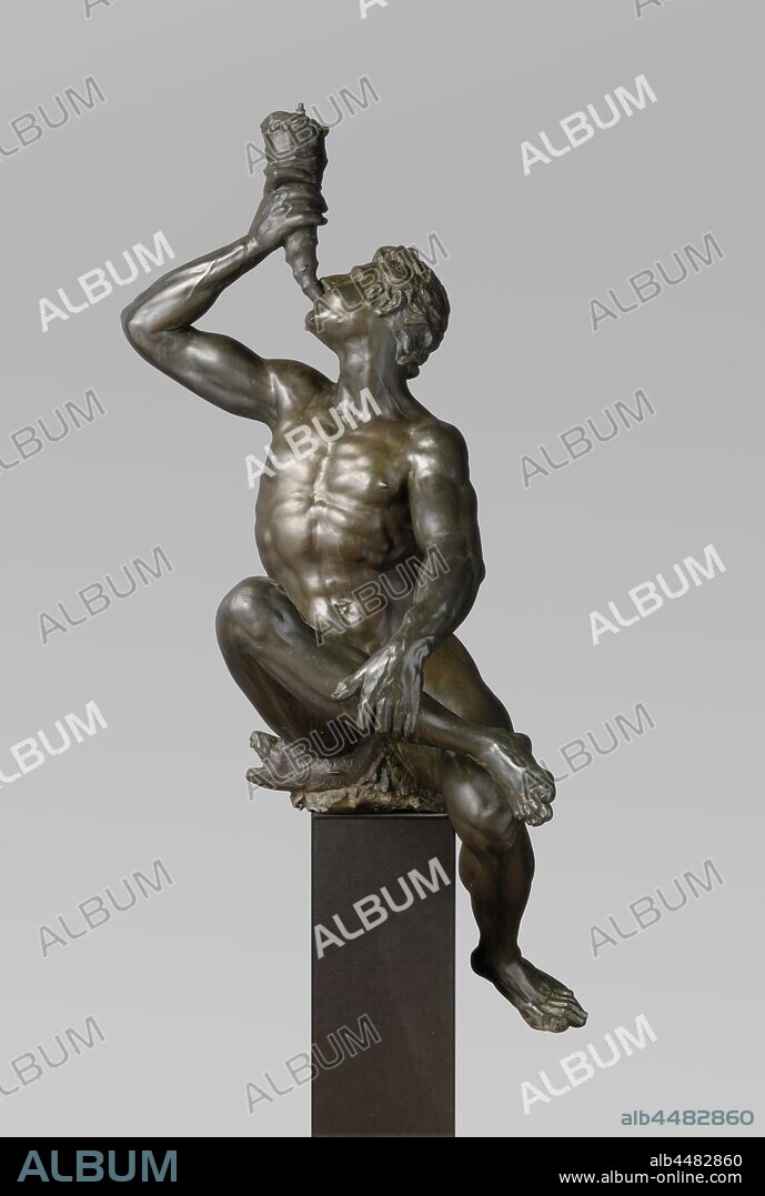 Triton Blowing a Conch Shell Triton, blowing on a shell, Triton, seated, with the right leg crossed over the left leg and blowing on a shell., Adriaen de Vries, Praag, c. 1615 - c. 1618, bronze (metal), h 157 cm × h 225 cm × w 88 cm × d 80 cm w 55.8 cm × d 56 cm.