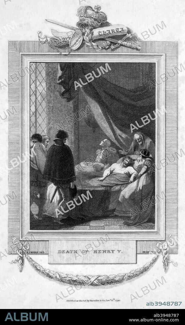 Death of King Henry V of England, 1422 (1790). The son of Henry IV, Henry (1387-1422) became king in 1413. He is popularly regarded as one of England's greatest kings, primarily because of his exploits in war against the French, beginning with his victory at Agincourt in 1415. He died near Paris in August 1422, apparently from dysentery caught during the siege of Meaux.