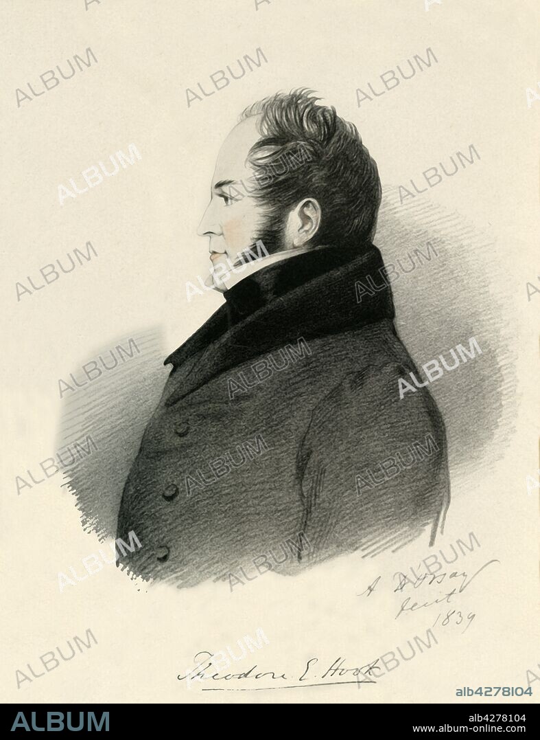 ALFRED D'ORSAY. 'Theodore E. Hook', 1839. Portrait of British writer and composer Theodore Edward Hook (1788-1841), known for practical jokes, particularly the Berners Street hoax in 1810. He received the first postcard in 1840, which he probably posted to himself. From "Portraits by Count D'Orsay", an album assembled by Lady Georgiana Codrington. [1850s].