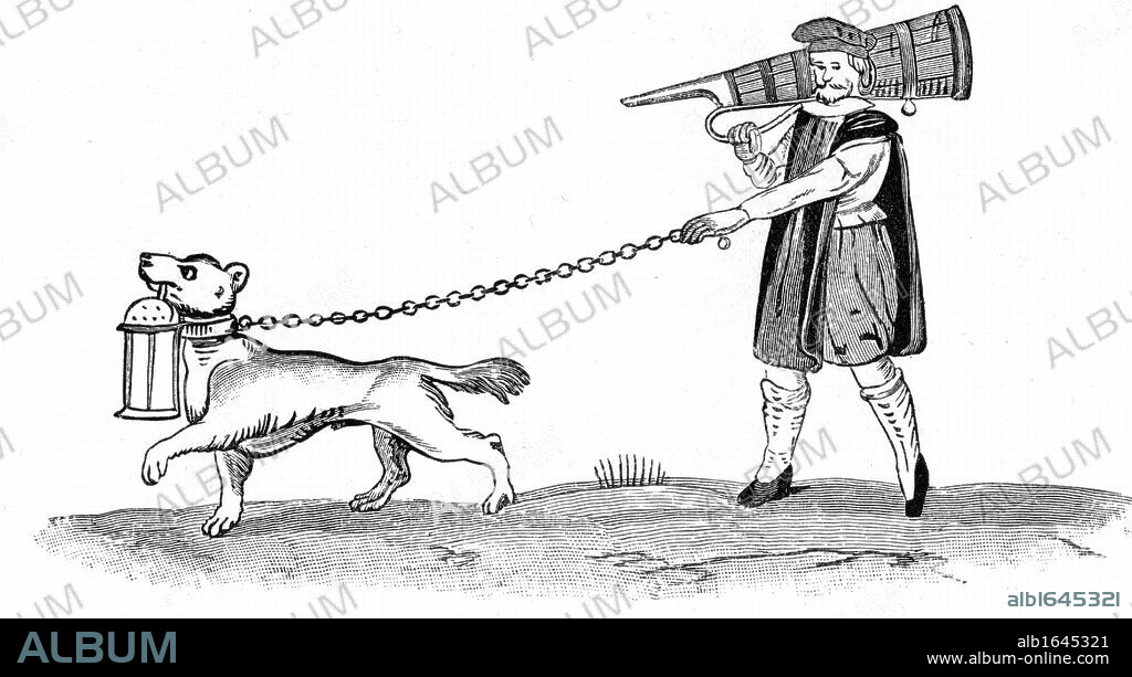 The Constable of the Watch with his dog. In Shakespeare Much Ado About Nothing Act 3 Sc 3 Dogberry is such a officer. Early 17th century illustration.