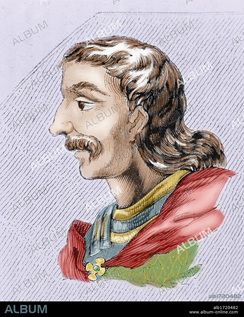 FRUELA I (m. Cangas de Onis, 768). Rey de Asturias (757-768). Hijo y sucesor de Alfonso I. Cuando subió al trono el reino astur se reducía al norte de Galicia, Asturias, la costa cántabra, parte de Vizcaya y las tierras del Alto Ebro. Grabado coloreado.