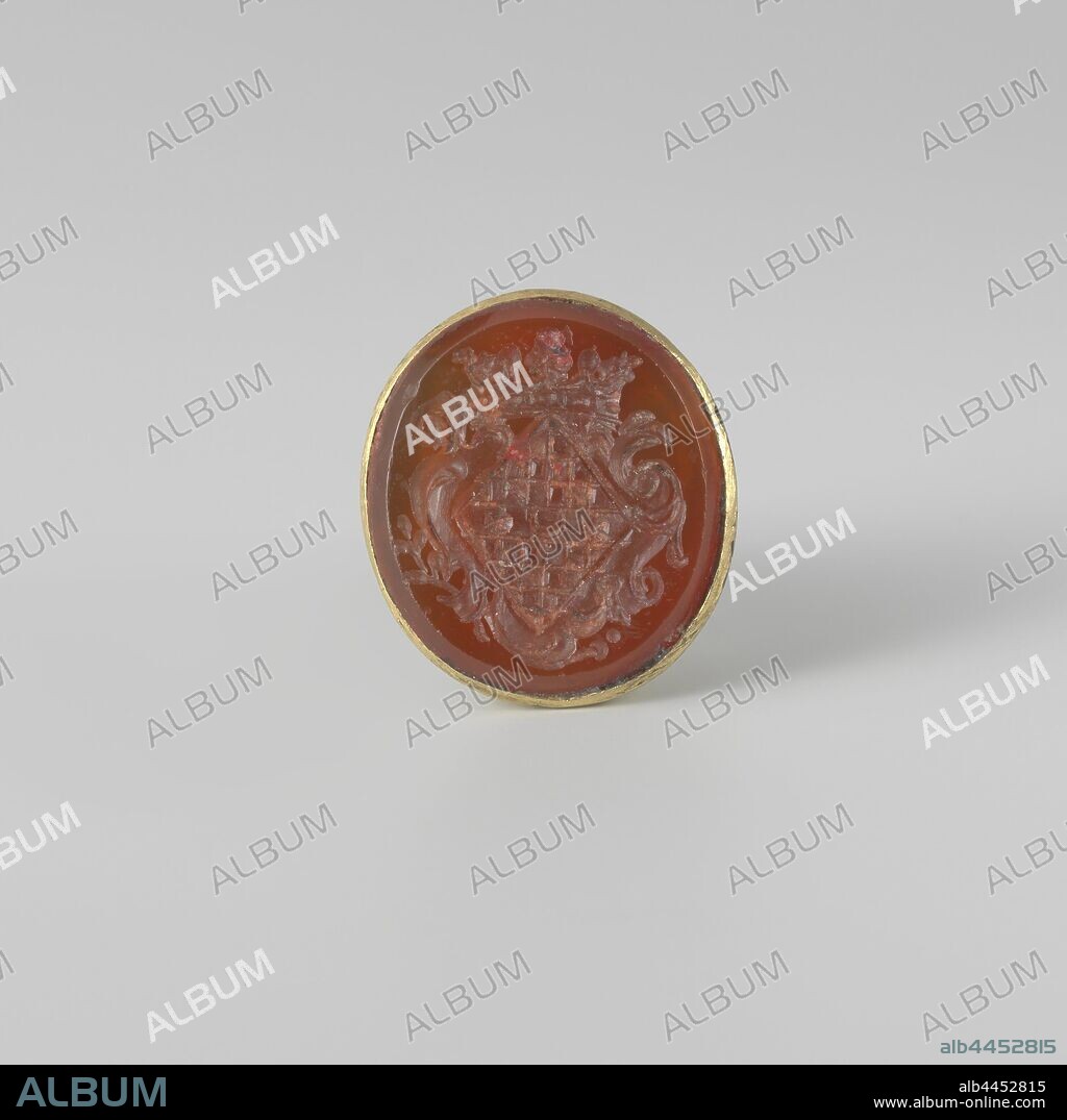 Cachet with the female coat of arms Clifford, Vase-shaped cachet (breloque) of gold. The agate seal stone has the diamond-shaped weapon Clifford., anonymous, Netherlands, c. 1750 - c. 1775, gold (metal), carnelian, cutting, h 2.3 cm.