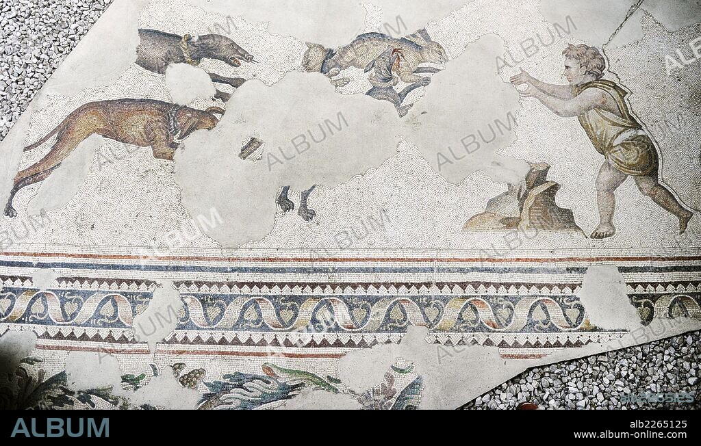 ARTE ROMANO. IMPERIO DE ORIENTE. TURQUIA. Detalle de uno de los mosaicos que decoraban los pavimentos del antiguo Palacio del Imperio Bizantino construido por orden de Constantino (s. IV), llamado el Gran Palacio Imperial. Fechados entre los siglos IV-VI. MUSEO DE LOS MOSAICOS (MOZAIK MÜZESI). Estambul. Turquía.