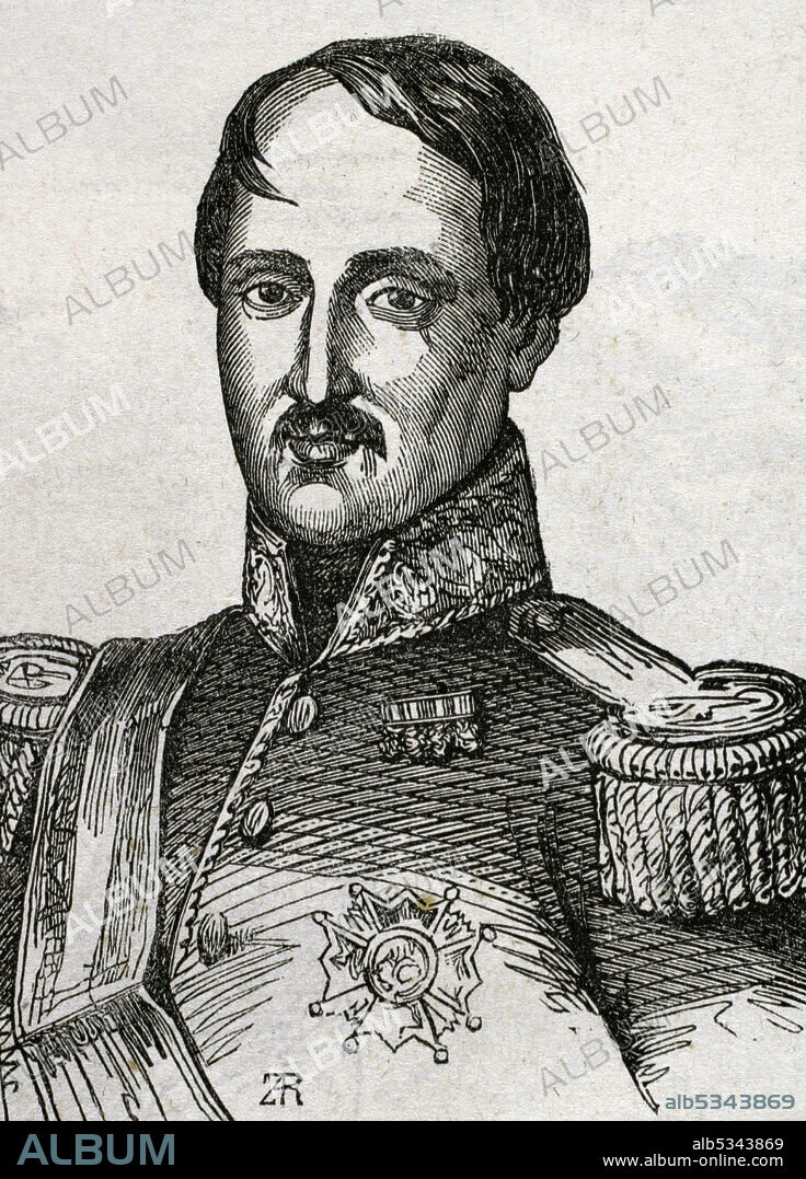 Leopoldo O'Donnell (1809-1867). Militar y político español. Participó en la Primera Guerra Carlista (1833-1840) en el bando isabelino. Presidente del Consejo de Ministros en diversas ocasiones tras el bienio liberal de Espartero. Fundó la Unión Liberal. Retrato. Grabado. Historia General de España por el Padre Mariana. Madrid, 1853.