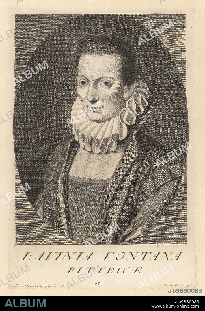 Lavinia Fontana, Italian Mannerist artist active in Bologna and Rome, 1552-1602. Daughter of Prospero Fontana, born in Bologna, painted historical pieces. Pittrice. Copperplate engraving by Pietro Antonio Pazzi after Giovanni Domenico Campiglia after a self portrait by the artist from Francesco Moucke's Museo Florentino (Museum Florentinum), Serie di Ritratti de Pittori (Series of Portraits of Painters) stamperia Mouckiana, Florence, 1752-62.