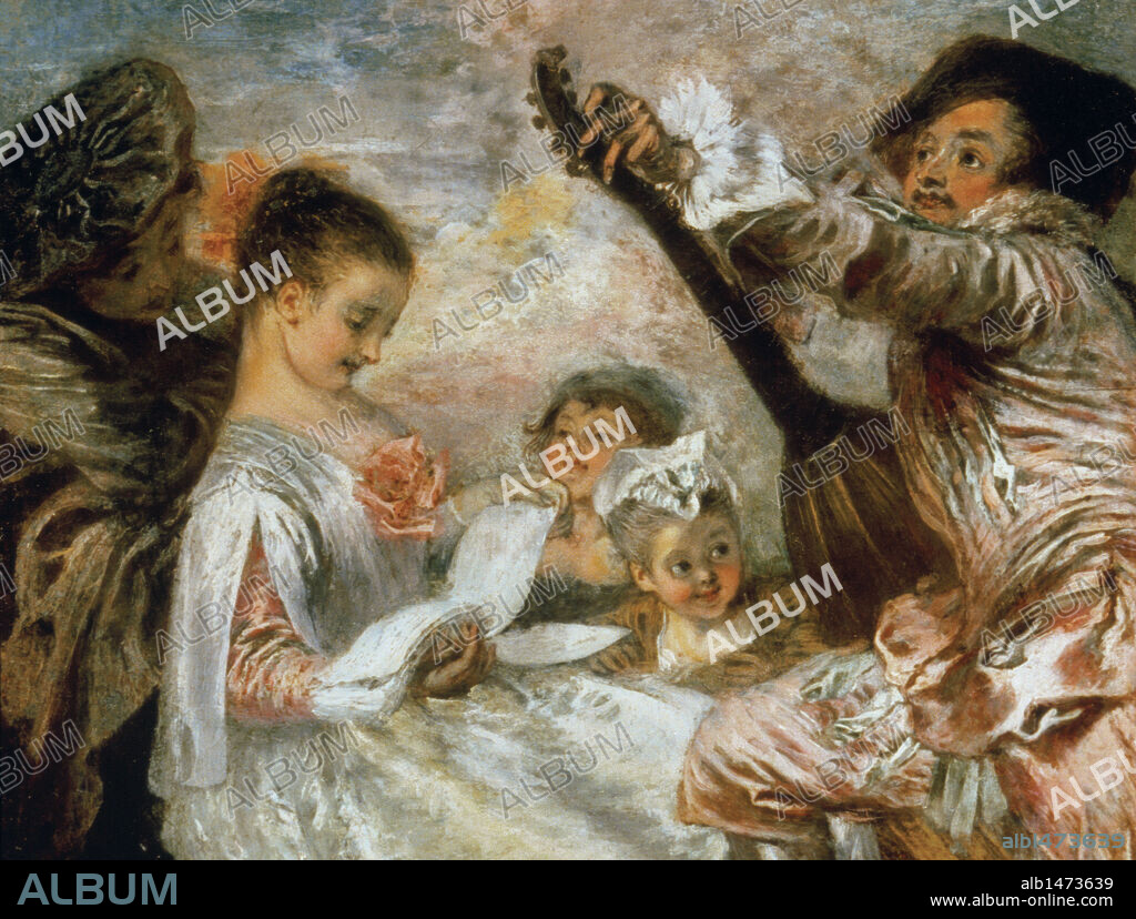 JEAN ANTOINE WATTEAU (atribuido). ARTE S. XVIII. ROCOCO. FRANCIA. JEAN ANTOINE WATTEAU (1684-1721). Pintor francés. "LA LECCION DE MUSICA" (1717). Colección Wallace. Londres. Inglaterra.